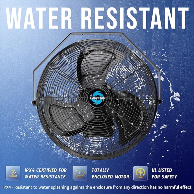 Tornado 2 Pack 20 Inch Outdoor Rated IPX4 Water-Resistant High Velocity Fan Industrial Workstation Wall Mount Fan For Commercial, Industrial, Greenhouse Use 3 Speed 4750 CFM UL Safety Listed