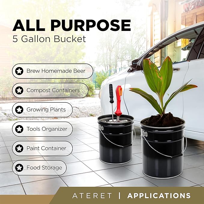ATERET 5 Gallon Black Metal Bucket, Heavy Duty Durable Steel Open Head Pail with Handle for Outdoor and Household Use (24 Pack - Bucket Only)