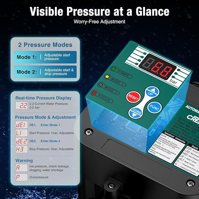 Smart Adjustable Pressure Switch for Well Pump, Automatic Water Pumps Switch, Dry-running Protection for Submersible/Shallow Well/Garden/Jet/Self-priming Pump, Power&Pump Cable Included, NPT1"&G1"