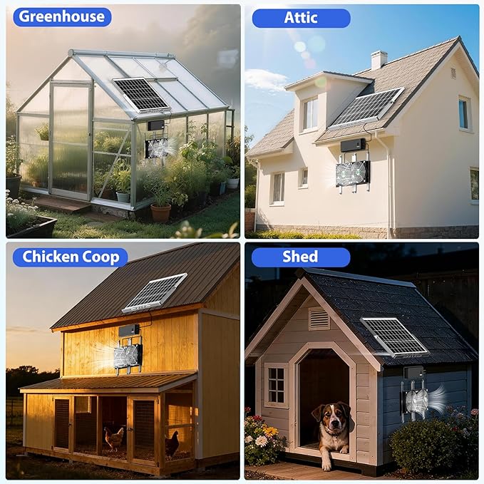 Solar Fan with Battery, Solar Fan for Greenhouse & Chicken Coop, Rechargeable Solar Fans for Outside, Solar Powered Exhuast Fans for Outdoor Doghouse Shed Circulation Vent Ventilation Cooling