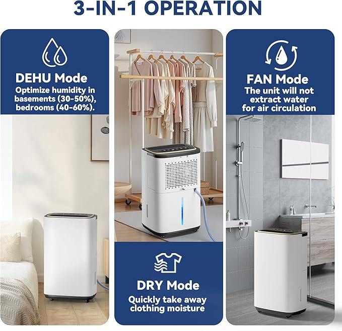 5000 Sq.Ft Dehumidifier for Basement with Drain Hose, 50 Pint Large Best Compressor Dehumidifiers for Home or Garage, Smart Humidity Control, 24H Timer & Child Lock, Ideal for Large Rooms, Garage