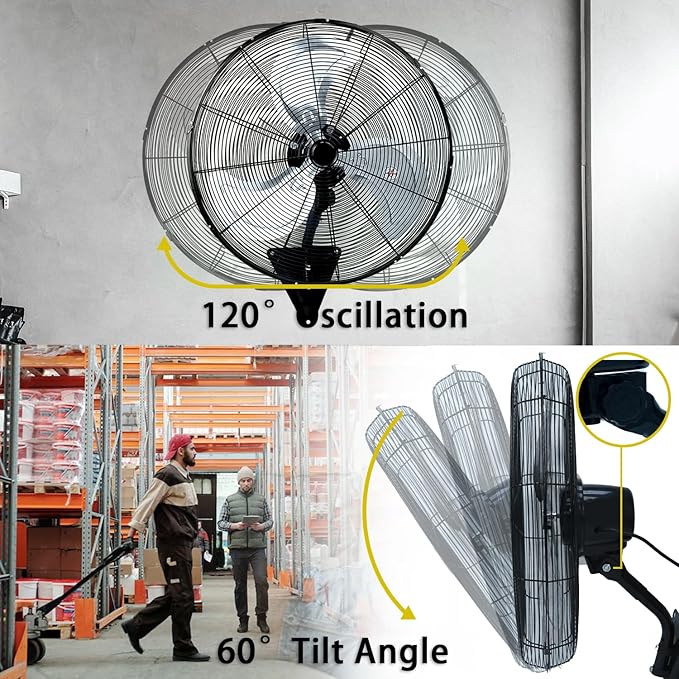 24" Wall Mount Fan, 8500CFM Heavy Duty Wall Fan with 3-Speed & Adjustable Tilt, High Velocity Industrial Oscillating Fans for Garage, Factory, Patio, Indoor, Porch, Shop & Commercial Use - ETL Listed