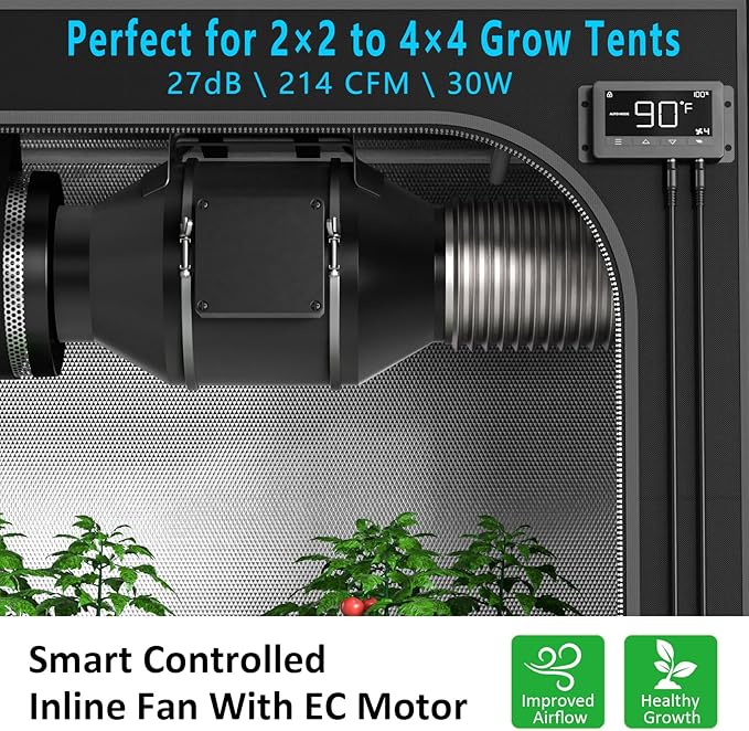 Toolazy 4 Inch Inline Duct Fan with WiFi App Control, 214 CFM Quiet EC Motor Ventilation Fan with Temperature Humidity Sensor, Smart Exhaust Fan for Grow Tent, Hydroponics, HVAC, 3D Printer