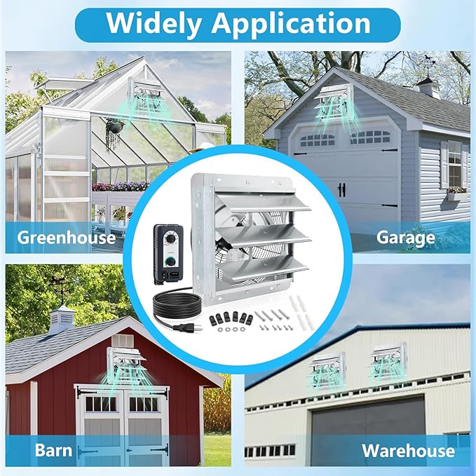 12 inch Shutter Exhaust Fan with Speed & Thermostat Control, 1400 SQ. Ft Coverage Area, 960 CFM, Upgrade Wall Mount Attic Vent Fan for Greenhouse, Garage, Chicken Coops Ventilation Fans