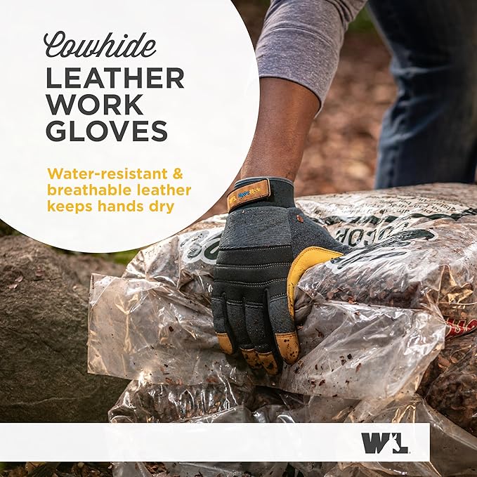 Wells Lamont Men's HydraHyde Work Gloves – Cowhide Leather, Reinforced Fingertips for Durability – Adjustable Velcro Wrist – Ideal for Gardening, Landscaping, Lawn Care – Navy - L