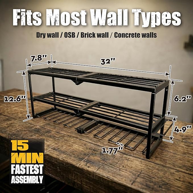 Heavy Duty Power Tool Organizer for Wall Mount Garage Storage – 320 lbs Capacity, 3-Tier Iron Wire Rack with 8 Drill Slots, Shelf for Battery Charging Station – Gift for Dad Handyman