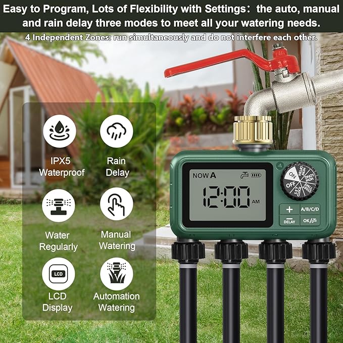 4 Zones Brass Inlet Water Timer for Outdoor Garden Hose, Sprinkler Timer for Garden Faucet with Auto/Manual/Rain Delay Mode, Sprinkler Irrigation Controller for Yard Lawn