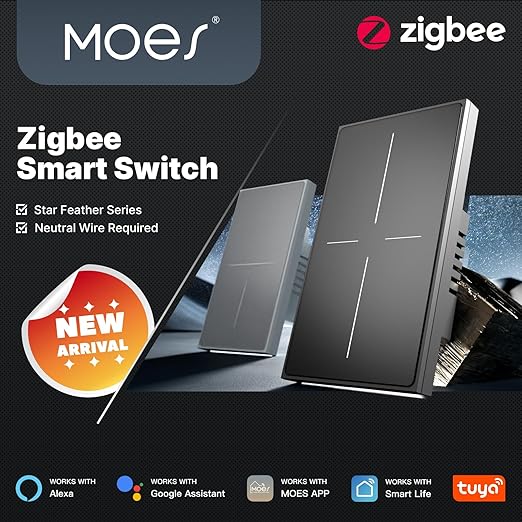 MOES Full Touch Smart Switch, ZigBee SF(Star Feather 2026 Version) Wall Light Switch, Neutral Wire Required, Anti-Glare Panel,Work with Smart Life/Tuya App, Alexa and Google Home 4 Gang Grey