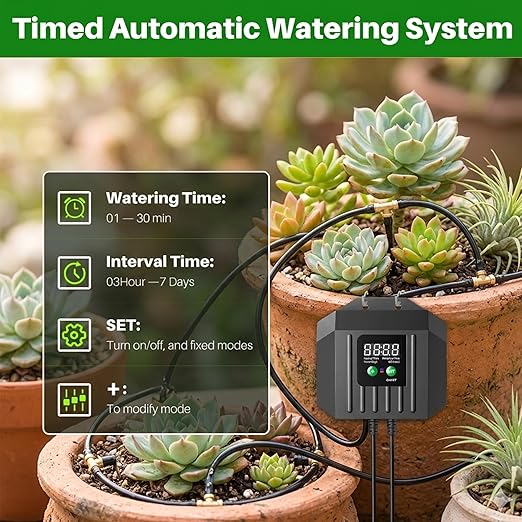 Biling 3W Solar Powered Drip Irrigation System, Digital Programmable Automatic Watering Kit with 2200mAh Battery for 15 Potted Plants, Indoor/Outdoor Use for Garden, Patio, Greenhouse