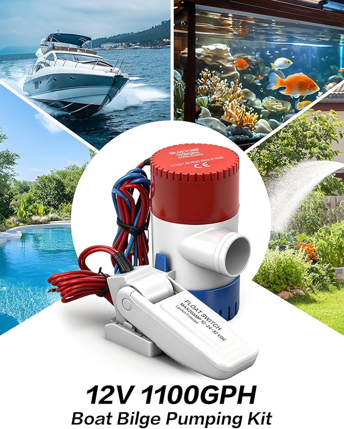 1100 GPH Boat Bilge Pump 12V with Automatic Boat Pump Float Switch Marine Bilge Water Pump High-Flow Fully Bilge Pumps for Boats, Yachts