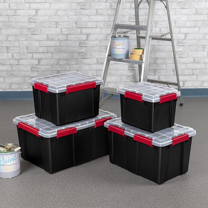 Sterilite 18 Pack 5 Gallon Gasket Box, Stackable Plastic Storage Container with Lids, Black - Waterproof and Dustproof Tote for Home Organization