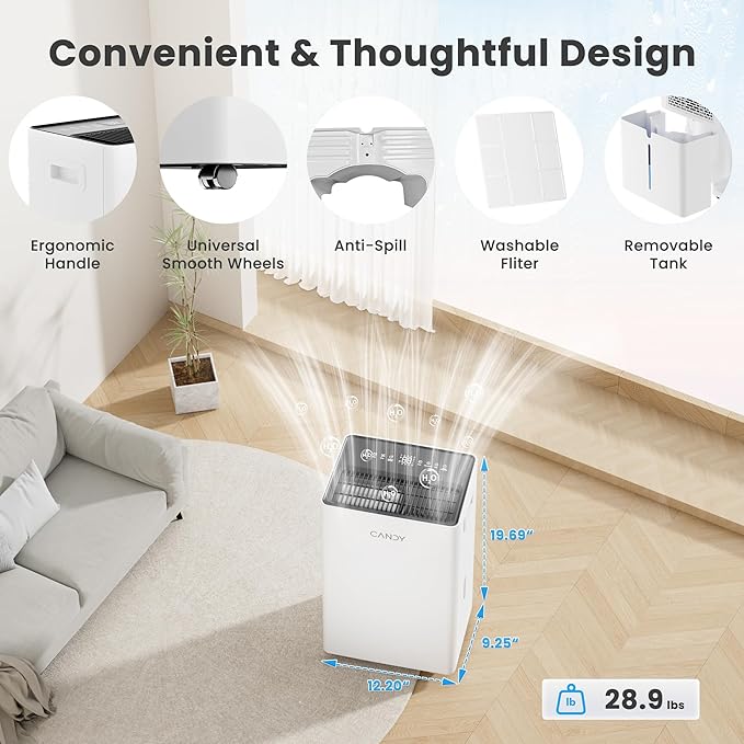 Candy 4500 Sq.Ft Dehumidifier for Basement,80 Pints Dehumidifiers for Home,Continuous/Sleep/Auto Mode,1.35 Gal Water Tank with Drain Hose,Portable & Wifi for Large Room,Bedroom,Bathroom,Garage,Laundry