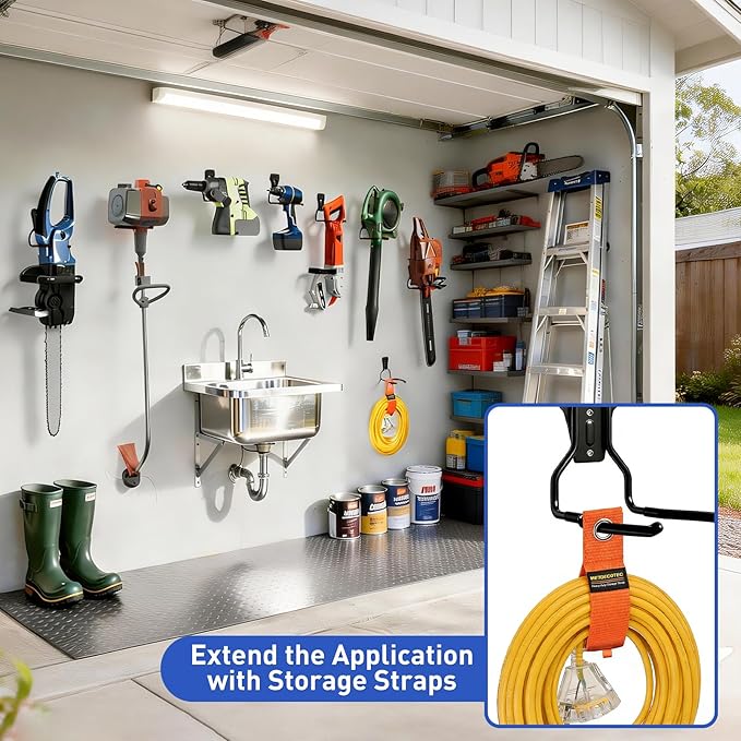 Heavy Duty Garden Power Tool Hanger, Garage Storage Utility Hooks with Storage Straps, Electric Tool Hooks, String Trimmer Hangers, Garden Tool Organizer, Weedeater Rack (4, Black)