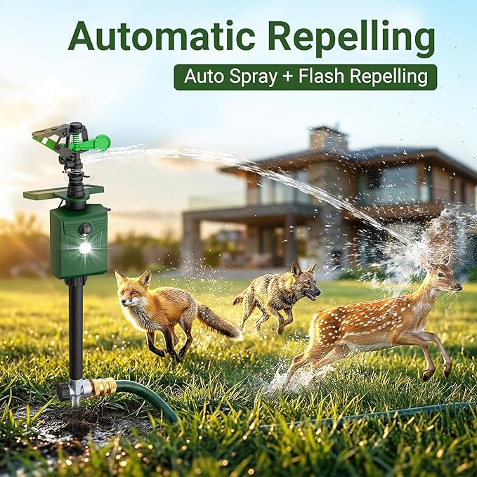 Solar Ultrasonic Animal Sprinkler Repeller with Motion Sensor Deer Repellent Motion Activated Sprinklers for Animal Deterrent Flashing Lights Cat Birds Dog Squirrel for Vegetable Plot Orchard Garden