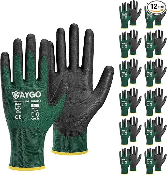 KAYGO Work Gloves for Men and Women,12 Pairs Seamless Knit PU Coated Safety Gloves, with Smooth Grip on Palm and Fingers, Ideal for Light Warehouse, Manufacturing, Gardening, KG11P (L,Dark Green)