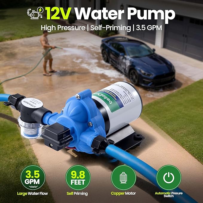 12V Water Pump - 3.5 GPM Pure Copper Motor Self-Priming Diaphragm Pump with 40-80 PSI Adjustable Pressure Switch for RV, Marine & Agricultural Use
