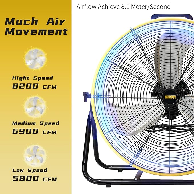 HiCFM 8200 CFM 24 inch Portable High Velocity Drum Fan With Powerful 1/3 HP Motor, Turbo Blade, 3 Speed Low Noise Design and 9ft Power Cord for Air Circulation, Convenience - UL Listed