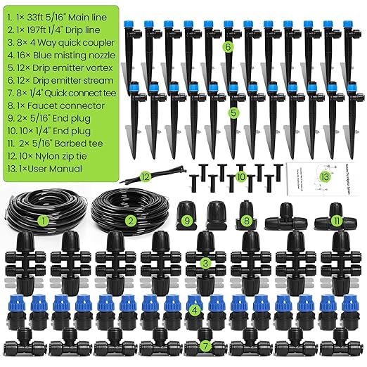 Bonviee Drip Irrigation System 230FT – Quick Connect Garden Watering Kit with Adjustable Drip Emitters, 1/4” & 5/16” Tubing for Raised Beds, Greenhouse, Lawn, Automatic Timer Compatible