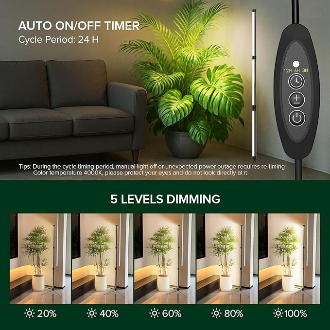 SANSI T10 Standing Grow Lights for Indoor Plants, 80W 144 LEDs Full Spectrum Plant Light Vertical Grow Light, 4.34FT Adjustable Three-Stage, 5 Dimming, Timer 3/6/12h, 4000K, for Wide Coverage Growth