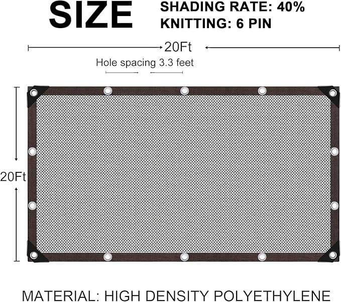 Storystore 40% Shade Cloth with Grommets, 20Ft x 20Ft Garden Mesh Shade Tarp Sun Shade Net for Greenhouse, Cover, Patio, Plant, Flower, Chicken, Coop