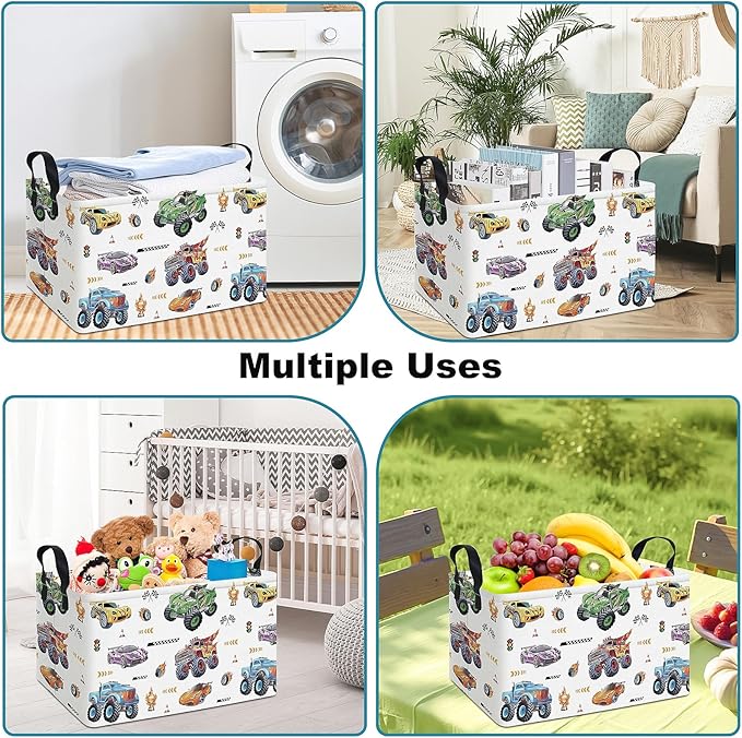 FANKANG Rectangular Monster Truck Basket Storage Bins,Nursery Hamper Canvas Laundry Basket Foldable with Waterproof PE Coating for Kids, Office, Bedroom, Clothes,Toys(Rec-Monster Truck