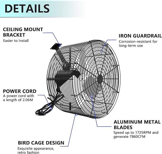 Greenhouse Circulation Fan Air Circulation Fan 1/2 HP 115V Ceiling Wall Mount Fan High Speed Circulation Fan for Greenhouse, Warehouse, Patio, Garage 7860CFM, ETL Listed