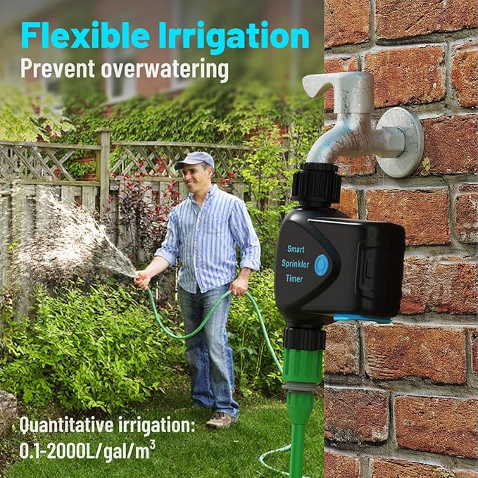 Water Timer for Garden Hose, 2.4GHz WiFi Smart Hose Sprinkler Timer with Tuya/Smart Life App, GreenVation Measure Gallon/Liter Consumption and Flow Rate, Water Flow Meter