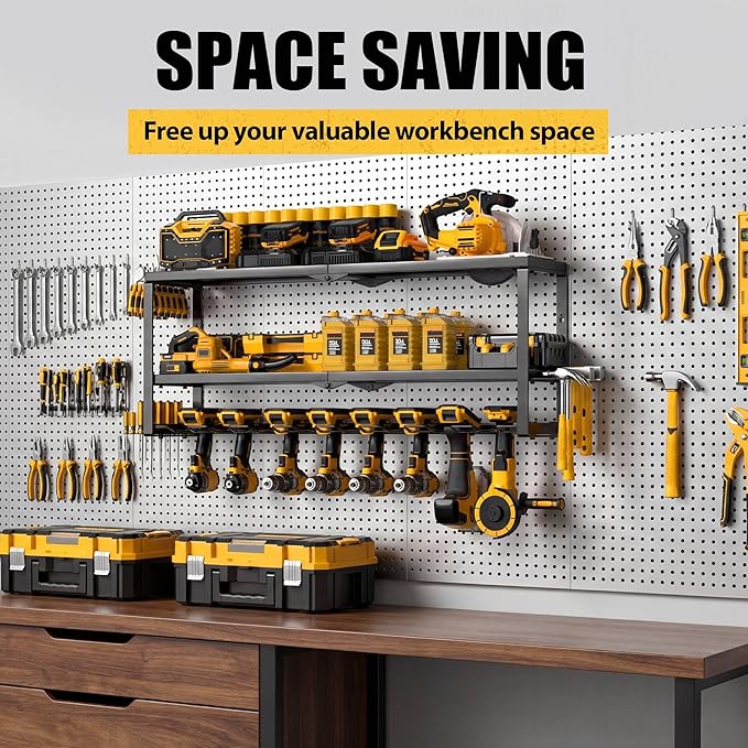 MOOMSINE Large Power Tool Organizer Wall Mount, Heavy Duty Metal Tool Storage Rack Loads 320lbs, 8 Cordless Drill Holder 3 Layer for Garage, Workshop, Tool Room, Gift for Men