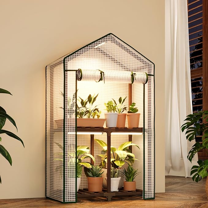 Bamworld Mini Greenhouse with Grow Light 2 Tied Plant Stand for Mutiple Pots Outdoor 2-Tierd Reusable Portable Warm House with PE Cover Compact Patio Boho Home Decor