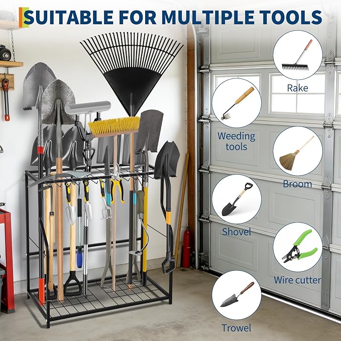 Garden Tool Organizer 2 Tier Yard Storage Rack With14 Hooks,Heavy Duty Holder With 43 Long-Handled Slots,Freestanding Tool Organizers and Storage for Yard Shed and Lawn