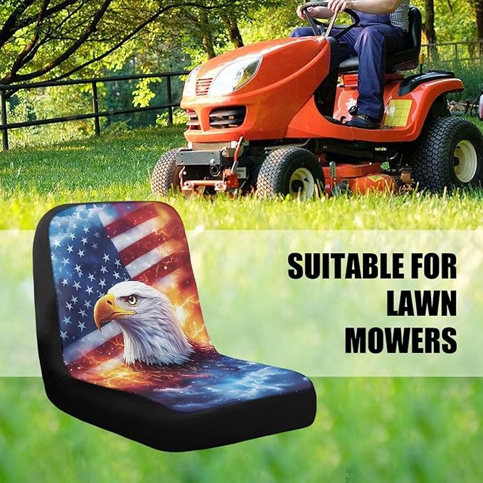 Eagle Fire and Flag Riding Lawn Mower Seat Cover for Tractor Accessories, Lawnmower Parts Compatible with Craftsman with Pockets, Lawn Tractor Seat Cover,Mower Seat Cushion