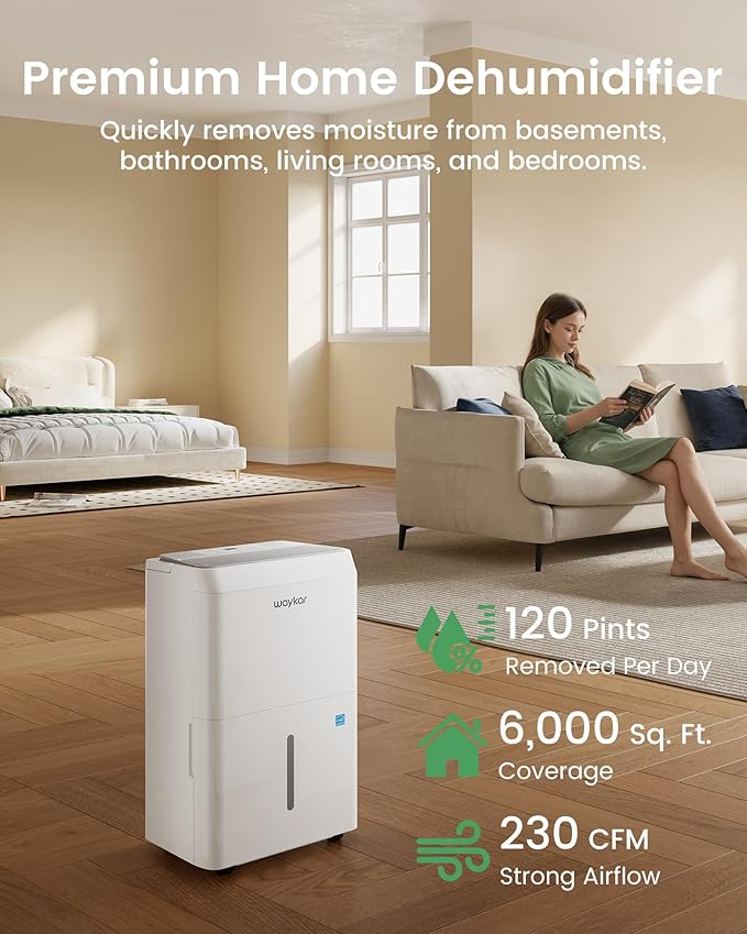 Waykar 6000 Sq.Ft Energy Star Dehumidifier for Basement & Home, 120 Pint/Day with Drain Hose & Tank, Ultra Quiet (40 dB), Smart Auto Comfort Mode