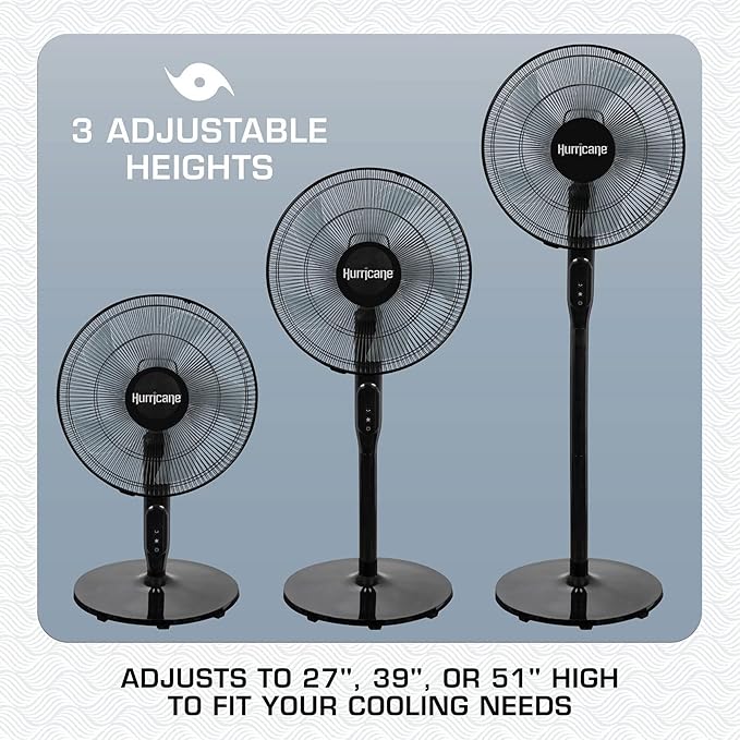 Hurricane Oscillating Pedestal Stand Fan, 12-Speed Cooling Unit, 16", Black - With Remote Control, Adjustable Tilt & Height, for Home, Bedroom, Office & Dorm
