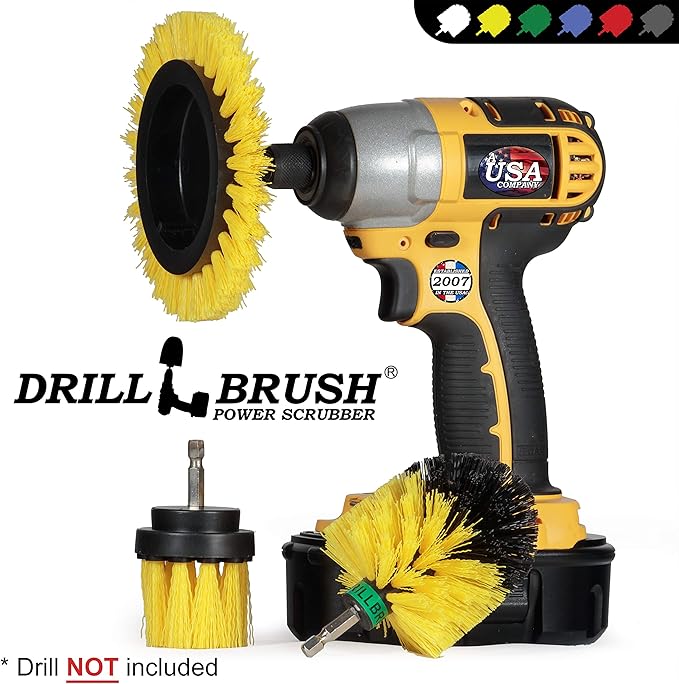 Drill Brush Power Scrubber by Useful Products – 3 Piece Yellow Bathroom Accessories Cleaning Set - Drill Brush Set to Clean Tile and Grout - Shower Cleaning Supplies - Drillbrush Shower Cleaner