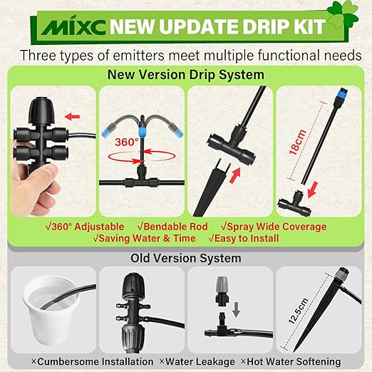 MIXC 2026-Upgrade 360° Adjustable Drip Irrigation System Kit, 200FT Bendable Watering Misting System with 3 Spray Nozzle Types, 1/2"(50FT) & 1/4"(150FT) Tubing for Garden Raised Bed Lawn & Greenhouse