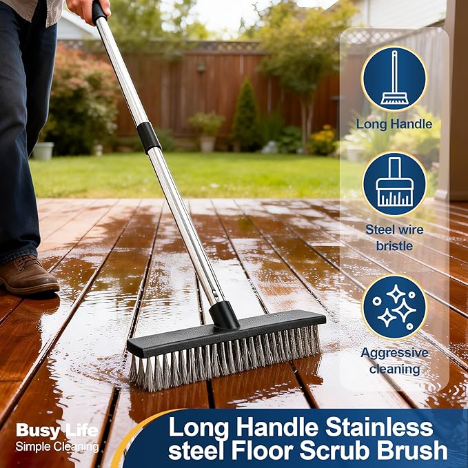 Yocada Stainless Steel Wire Scrub Brush with 65" Long Handle Heavy Duty Outdoor Wire Metal Brush Scrubber Broom for Deck Crack Patio Pavement Sidewalk Driveway Moss Remover