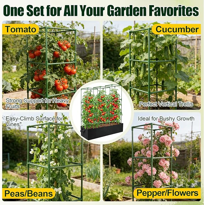 BobbleT 3 Pack Heavy Duty Tomato Cages with 86 Gallon Grow Bag, 41" Adjustable Tomato Trellis for Raised Garden Bed, Sturdy Square Plant Support for Climbing Vegetables, Cucumbers & Garden Plants