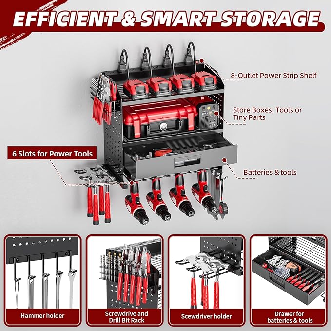 Power Tool Organizer Wall Mount Heavy Duty 130 lbs, 4 Layers Storage Rack with 6 Drill Holders & Battery Storage, Cordless Tool Organizer for Garage, Workshop & Tool Room
