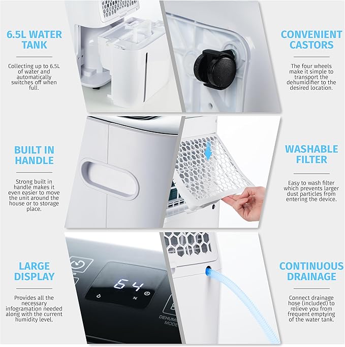 Nyxi 4,500 Sqft / 50 Pints Powerful Compressor Dehumidifier, Smart Digital Humidity Control, XL Water Tank 1.7 Gallon, Drain Hose Option, 24-Hour Timer, Removes Moisture for Home, Laundry, Office
