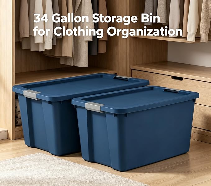 (2 pack) 34 Gallon Extra-Large Storage Bin, Plastic Storage Container with Latching Lid, Stackable Blue Bin for Home Garage Organization