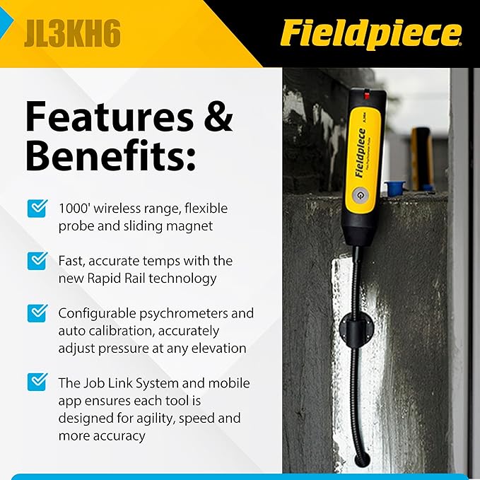 Fieldpiece - Job Link System HVACR Wireless Probe Kit - JL3KH6 - Fast Accurate Temps with Rapid Rail Technology - HVAC Tools with Padded Case