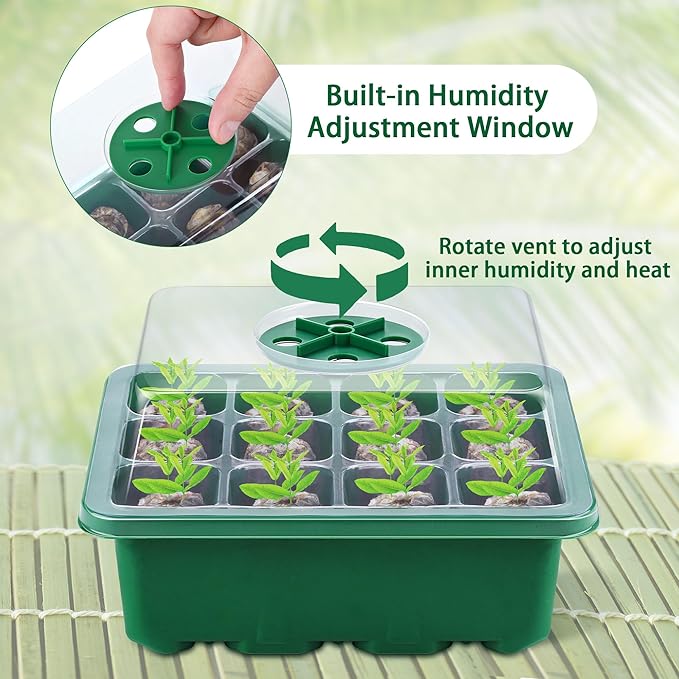 Hahood 10 Sets Seed Starter Tray Kit Seed Starter Trays with Humidity Dome and Base Include 120 Peat Pellets 200 Plant Labels Garden Tools Plant Germination Tray Set for Indoor Outdoor Planting, Green