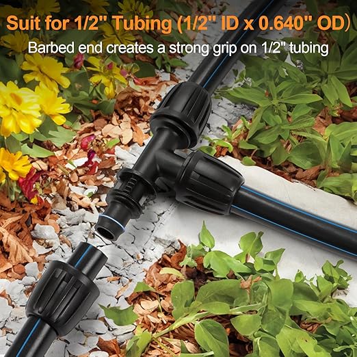 21 Pieces1/2 Inch Drip Irrigation Fittings Kit, 1/2'' Drip Line Barbed Locked Connectors for 1/2 Inch Irrigation Tubing (1/2" ID x 0.650" OD) Coupling Tee Elbow Plug Valve Faucet Adapter