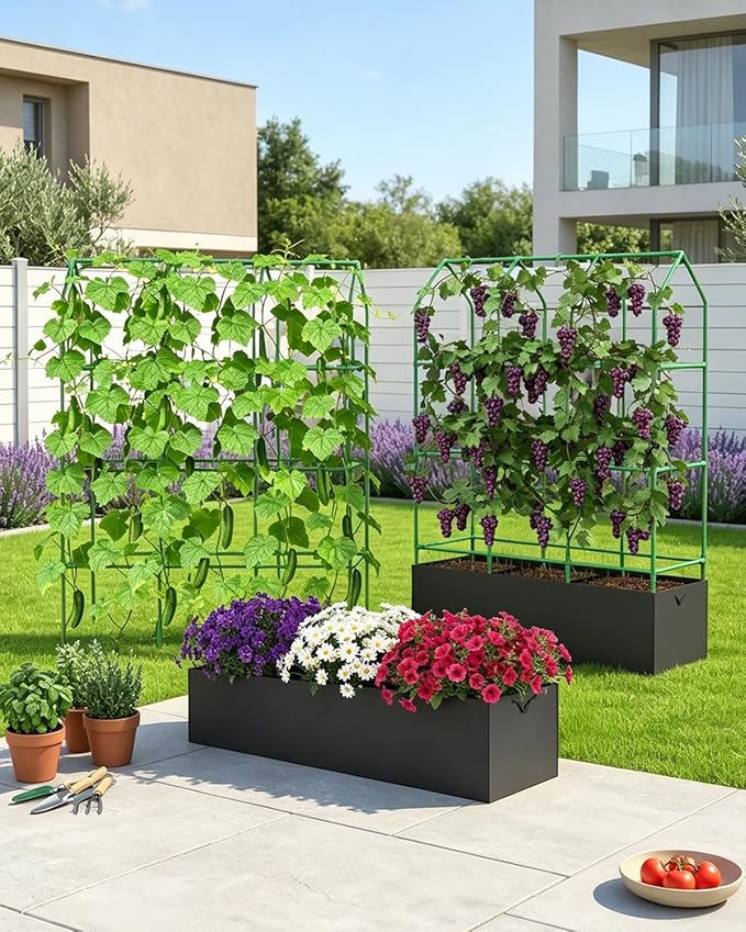 65" Cucumber Planter with Trellis for Climbing Plants Outdoor, Metal Garden Trellis for Raised Bed, Plant Support Structures with Netting for Cucumbers Tomatoes Beans Peas (50 * 17 * 65inch(L*W*H)