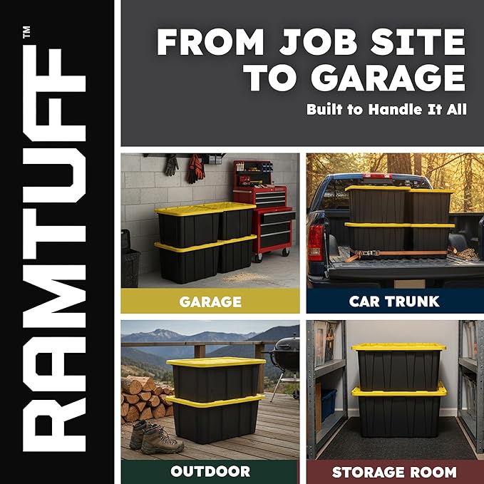 Ramtuff 4 Pack Heavy Duty Stackable Storage Container with Snap-Tight Lid, Resistant To Weather Organization Tote, 27 Gallon, Black and Yellow