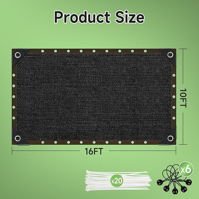 FOTMISHU 70% Shade Cloth 10ftx16ft Anti-Aging Sun Mesh UV Resistant Net, Sunblock Garden Tarp for Plant Cover, Greenhouse, Barn or Kennel, Flowers, Plants,
