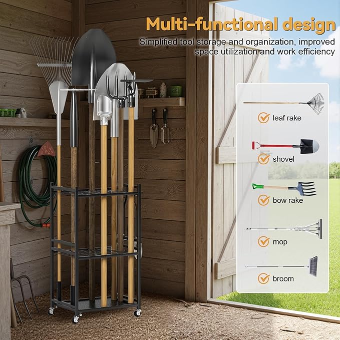 Garden Tool Organizer Stand, 35 Slots Storage Rack with lockable Wheels and Hooks, Iron Construction, 4 Shelves Fit for Long-Handled Tools/Rakes/Brooms