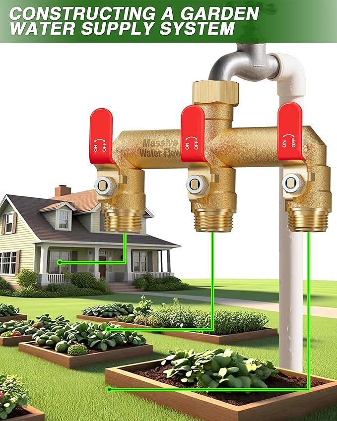 3 Way Hose Splitter, Heavy Duty Full Flow Garden Water Hose Bib Spigot Splitter, Brass Rust and Freeze Resistant Outdoor Faucet Splitter, T Adapter Connector with 3/4 - Inch GHT Thread （Red）