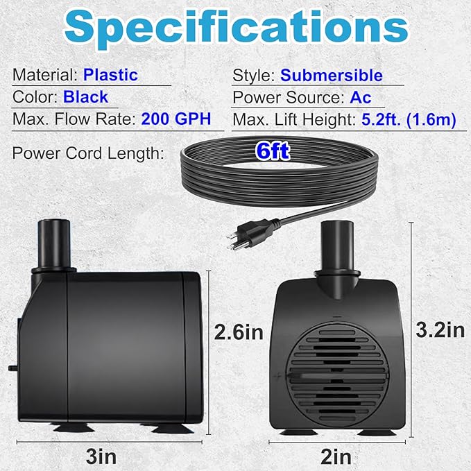 Knifel Submersible Pump 200GPH Ultra Quiet with Over Heating Protection 5.2ft High Lift for Fountains, Hydroponics, Ponds, Aquariums & More…