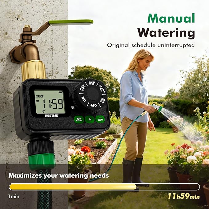 RESTMO Sprinkler Timer for Outdoor Hose Faucet 2 Pack, Up to 11h59m Programmable Watering Timer for Soaker Hose, Misting with Brass Inlet & Large Dial, Rain Delay/Manual/Automatic Irrigation System